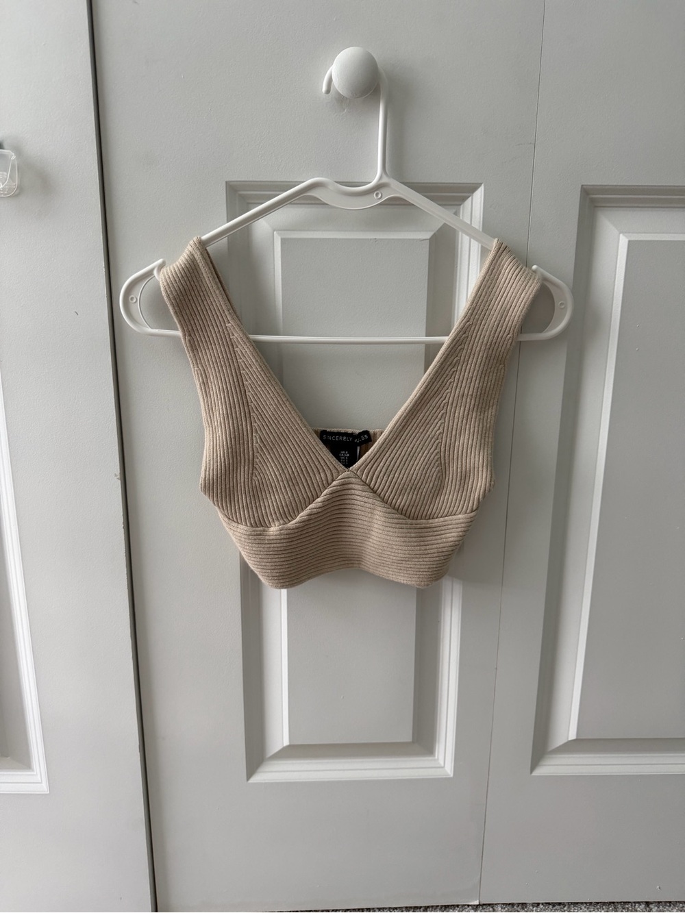 Beige coastal summer ribbed knit twist front crop tank